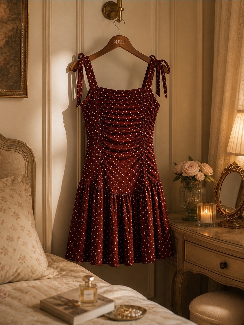 Saylor Burnt Umber Jacquard Polka Dot Ruched Mini Dress Tie Strap Flounce NWT M